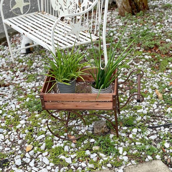 Rustic Wood And Metal Wagon Cart Style Plant Stand 24.25 Inches Long - Picture 3 of 8